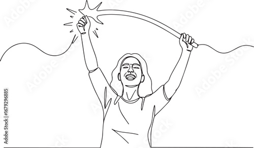 Joyful woman raises magical wand in continuous line art illustra