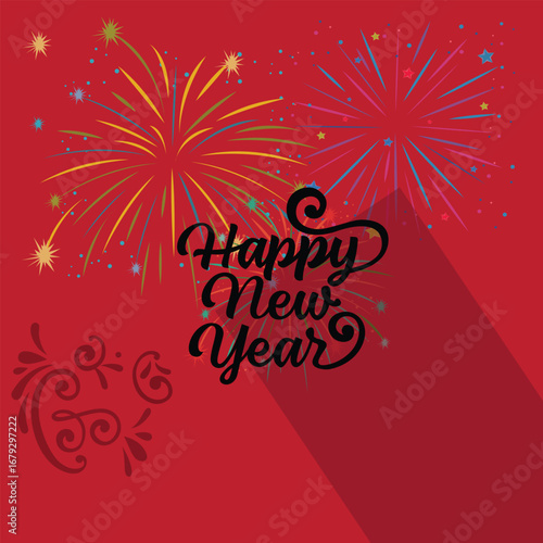 Creative and Fantastic Decorative Happy New Year Greeting Card. Happy New Year Doodle Style Colorful Neon Vector Greeting Card Hand Drawn Celebration card for new year. Firework.