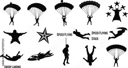 Silhouette skydivers in parachutes, freefall, swoop landing, speed flying, formation flying, extreme aerial sports, parachuting adventure, skydiving team, aerial stunts.