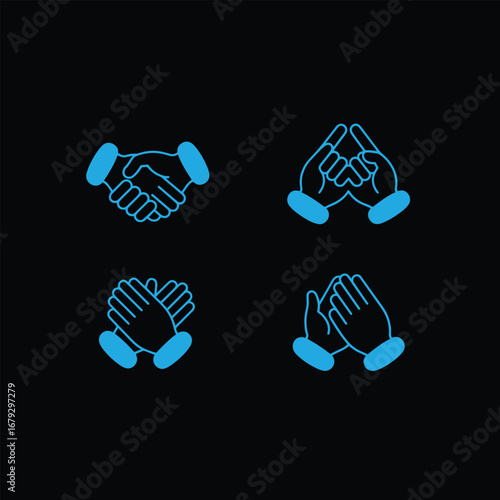 Illustration of various hand gestures including handshake, clapping and finger snap on black background