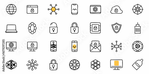 Cybersecurity icons showcasing network protection, data encryption, and digital safety for secure online business solutions and cutting-edge technology