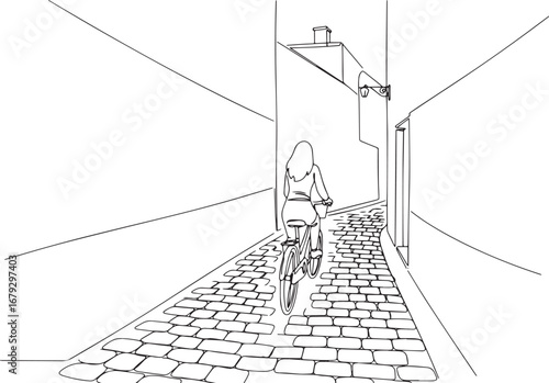 Woman cycling down a narrow cobblestone street, graphic outline