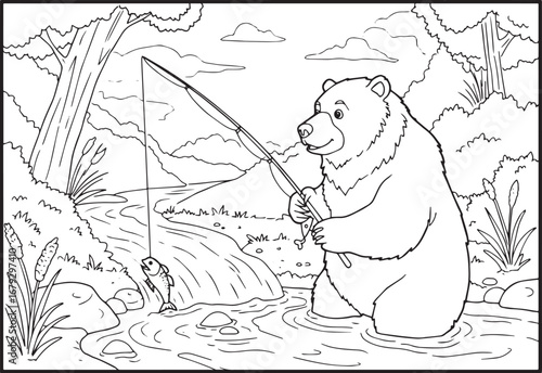 Whimsical illustration featuring a bear fishing in a serene rive