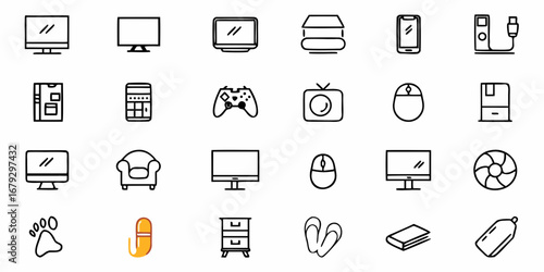 Modern Line Icons of Home and Office Tech Gadgets, Furniture, and Accessories for UI Design and Web Projects, Originally a Scalable Vector Graphic