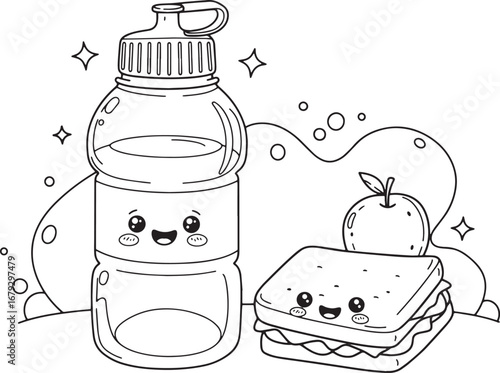 Charming monochrome outline drawing of a whimsical packed lunch