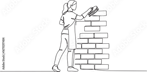 Continuous line drawing illustration of woman cleaning brick wal
