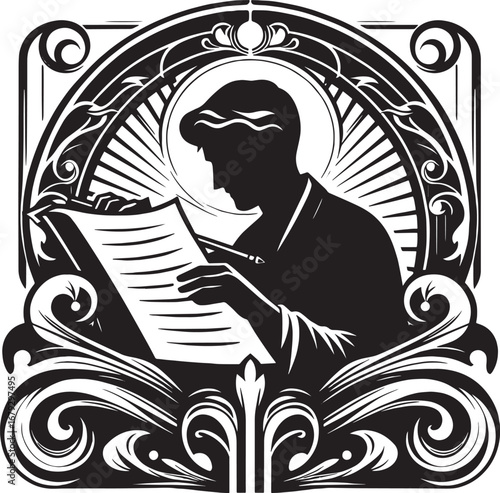 Silhouette of a Person Reading a Document Surrounded by Ornate Art Deco Design Elements