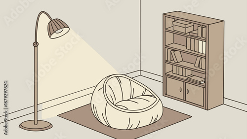 Illustration of a cozy corner with a beanbag chair lamp and bookshelf in a minimalist style room