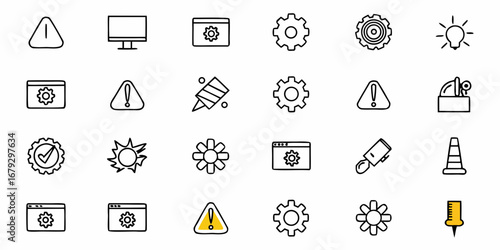 Modern outline icon set for web and app design, featuring settings, warning signs, and creative symbols with a vector aesthetic appeal