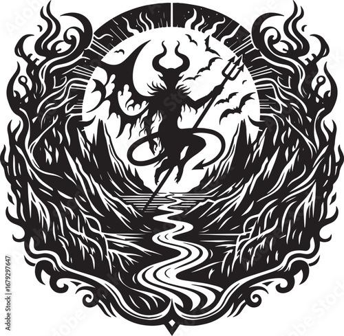 Intricate black and white illustration of a demonic figure in a surreal landscape with hellish