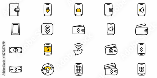 Stylish hand-drawn digital wallet and mobile payment icons for modern finance and e-commerce, simple and clean money transfers on smartphones
