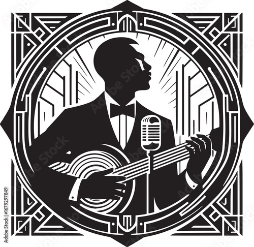 Art Deco Silhouette of a Musician Playing Banjo with Microphone in a Geometric Frame