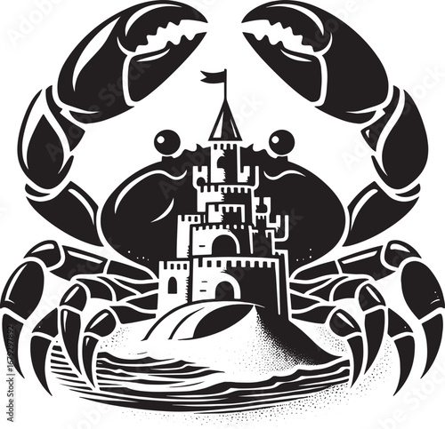 Creative black and white illustration of a crab holding a castle on a small island