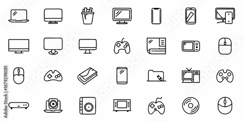 Modern tech device icons set, perfect for user interface design, apps, and website development, providing a clean and minimalist aesthetic