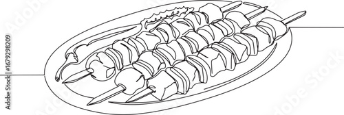 Elegant continuous line drawing of traditional Turkish kebabs on
