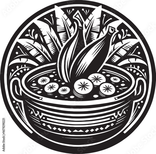 Illustration of a bowl of food with fruit and leaves, a black and white design concept