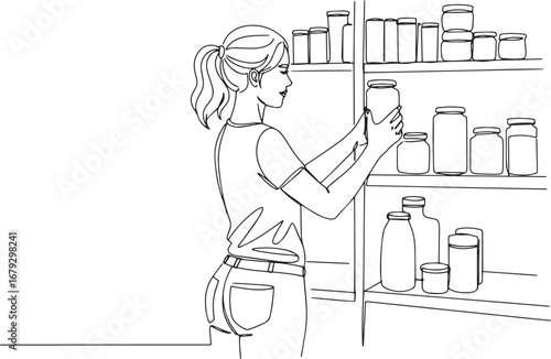 Continuous line drawing of woman organizing jars on kitchen shel