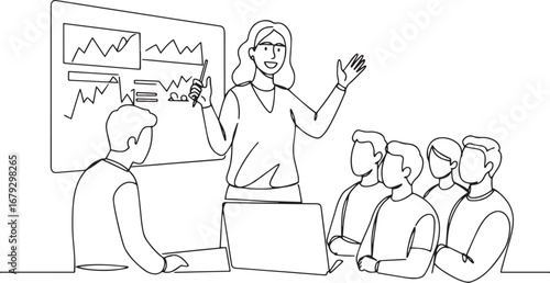 Woman presenting business data to a team during a meeting illust