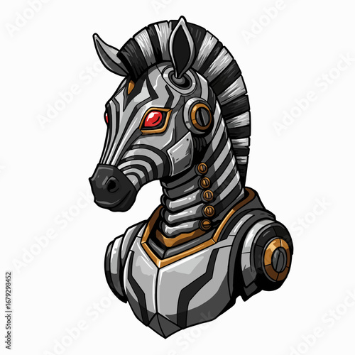 Futuristic cybernetic zebra steed with glowing red eyes and metallic armor