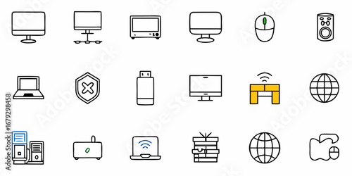 Digital Device Collection for Modern Tech Lifestyle with Computers, Laptops, and Networking Elements in Clean Line Art Style, Ideal for Web Design