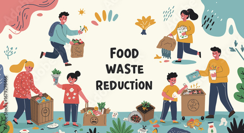 Illustrative Poster on Food Waste Reduction with People Sorting Food and Compost