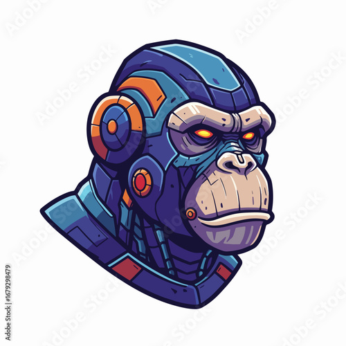 Fierce cybernetic gorilla head with glowing eyes and intricate mechanical details, futuristic warrior