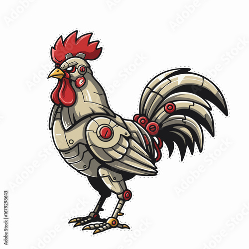 Futuristic mechanical rooster with vibrant red comb and detailed robotic parts