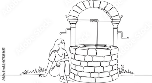 Serene continuous line drawing of a woman seated near an old wis