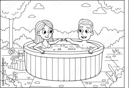 Cartoon couple relaxing in hot tub, outdoor recreation illustrat