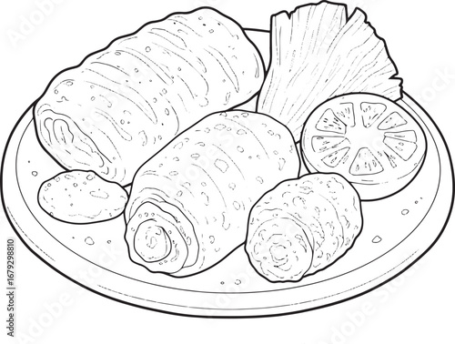 Delightful monochrome illustration of Angolan Calulu dish on dec