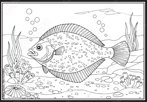 Detailed flounder illustration among aquatic plants with outline