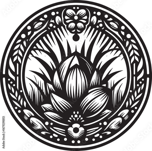 Intricate Black and White Floral Medallion Design with Decorative Elements in a Circular Shape