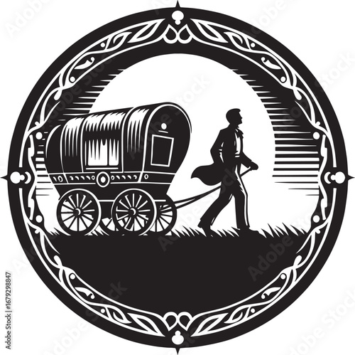 Illustration of a person pulling a wagon across a field at sunset inside a decorative frame