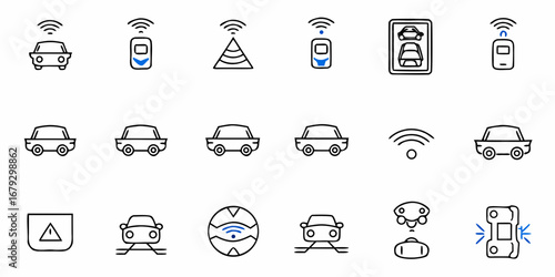 Connected car technology icons showcasing smart vehicle features and autonomous driving systems, symbolizing innovation and future transportation trends