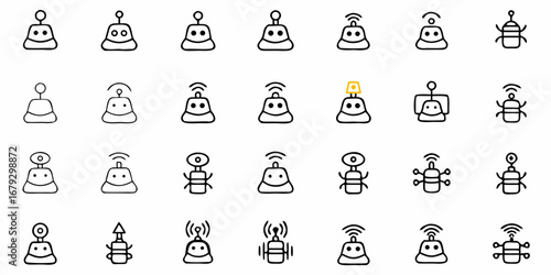 Playful robot icon set for engaging tech designs, perfect for websites and apps, adding a touch of futuristic charm to your creative projects