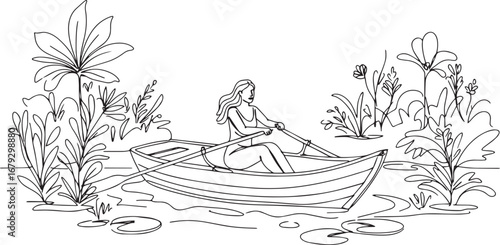 Serene line art: A woman rowing in a boat on a calm, plant borde