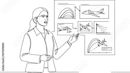Woman presenting aerodynamics project showcasing technical aviat