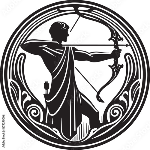Elegant Black and White Vector Illustration of the Sagittarius Zodiac Sign in a Circular Frame