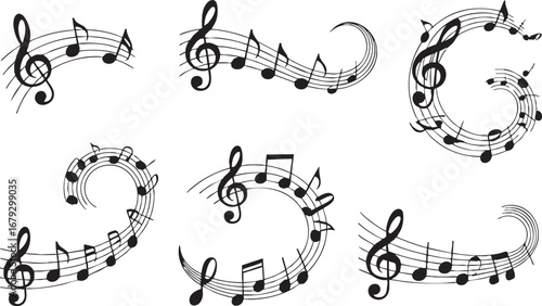 Music notes wave. Flowing musical staff lines with notes, clefs and melody rhythm patterns in dynamic circular, spiral and wavy shapes. Elegant swirling compositions for music posters. Vector set