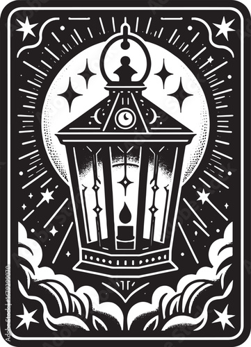 Intricate Black and White Illustration of a Detailed Lantern Surrounded by Celestial Elements