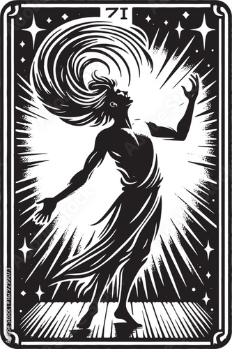 Dramatic Black and White Illustration of a Person in a Tarot Card, Symbolizing Enlightenment