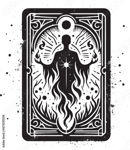 Mystical Tarot Card Depicting a Silhouette Human Figure Surrounded by Flames and Celestial Ornaments
