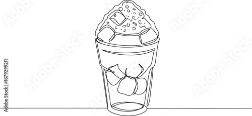 Single line drawing of shaved ice dessert with ice cubes in a gl