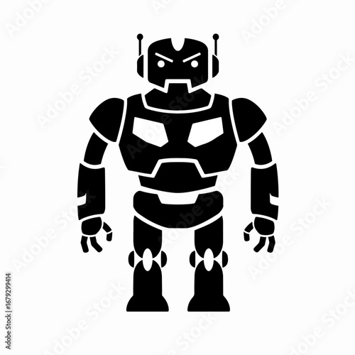 Modern robotic figure with glowing panels and antennas, projecting technological advancement