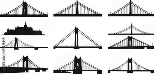 Silhouettes of famous suspension bridges, architectural landmarks, city skyline, urban infrastructure, vector illustrations, iconic bridges, river crossings, cityscape design