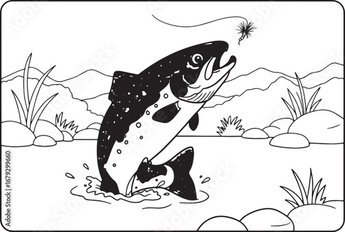 Colorful illustration of a fish jumping out of the water to catc