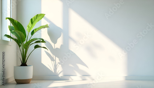 Minimalist interior with green plant in pot isolated on white background with sunlight and shadow