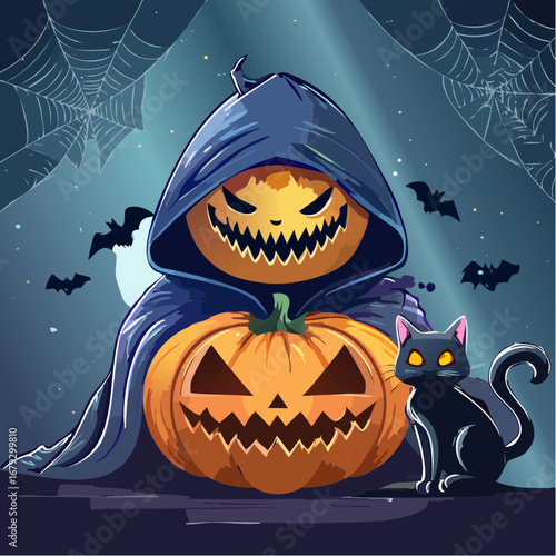 Spooky Cartoonish Halloween Pumpkin Grim Reaper and Black Cat Illustration
