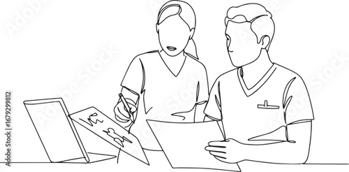 Continuous line art of medical professionals discussing a patien
