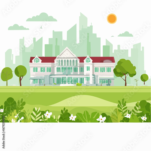 Town banner, countryside border, green city background